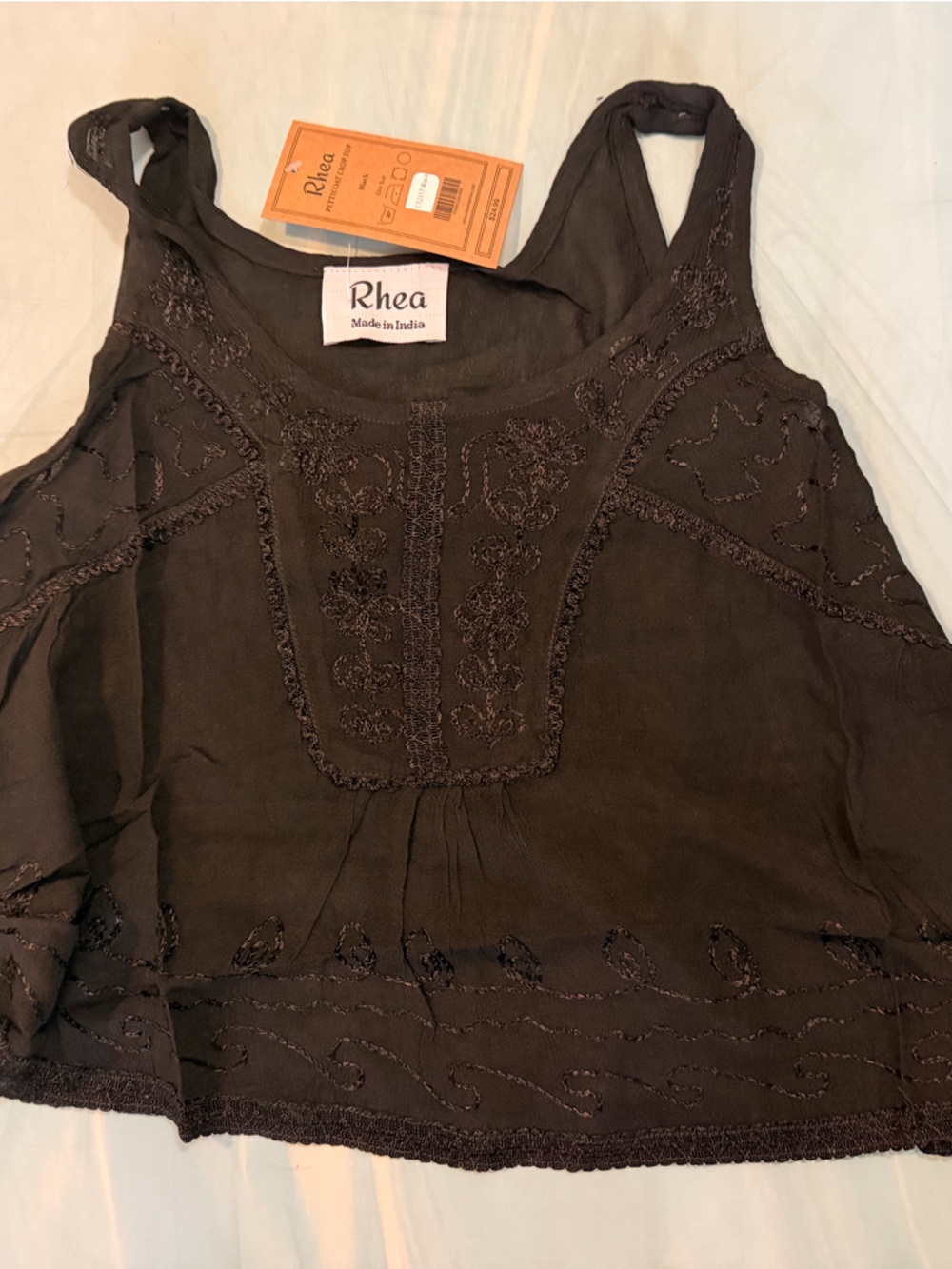 Rhea Festival Black Embroidered Scoop-Neck tank top - oversized NWT 100% Viscose